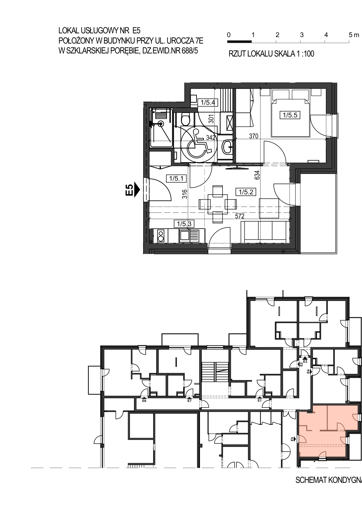 Rzut apartamentu E5 na parterze, 38,44 m kw
