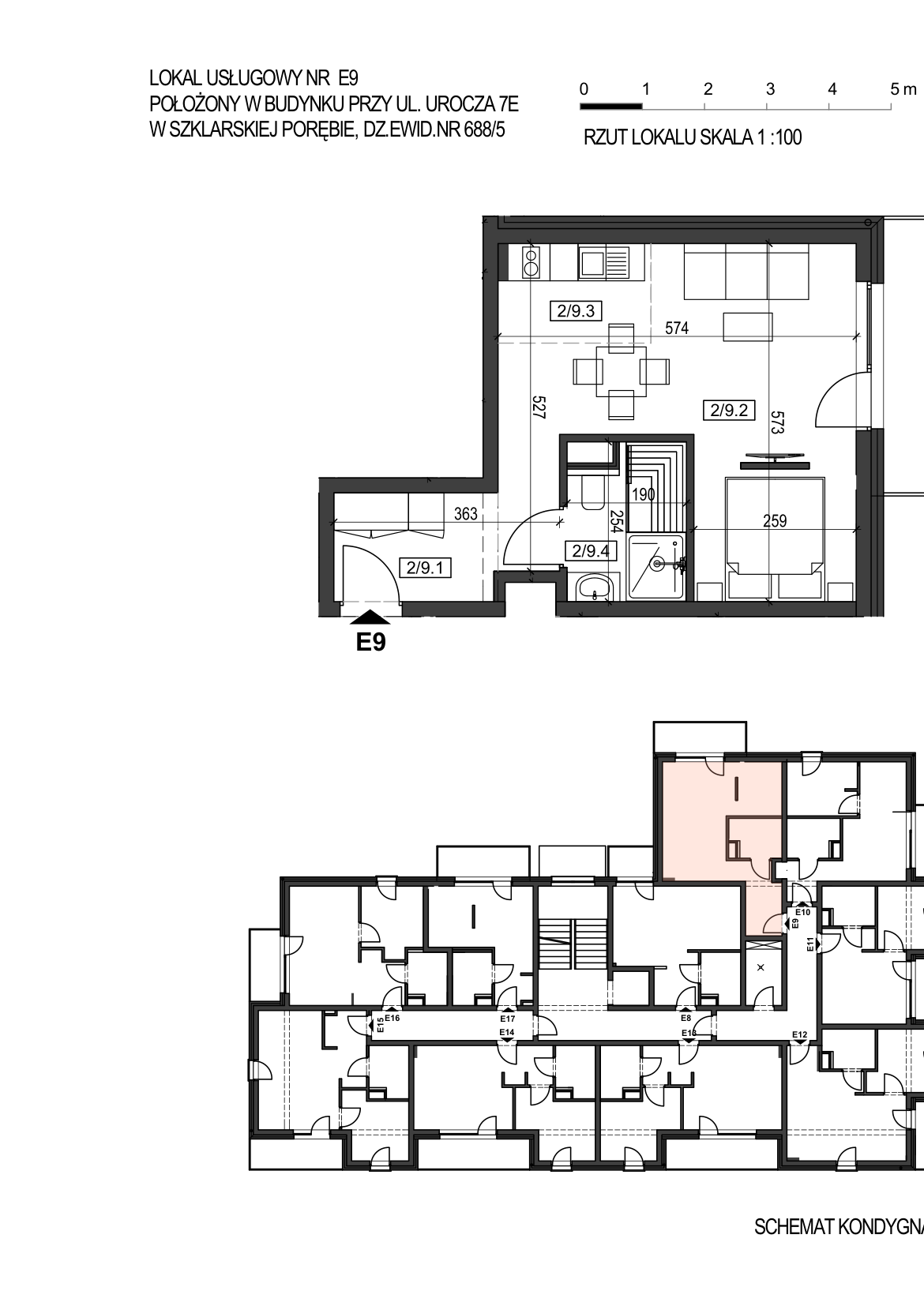 Rzut apartamentu E9 na pierwszym piętrze, 35,60 m kw